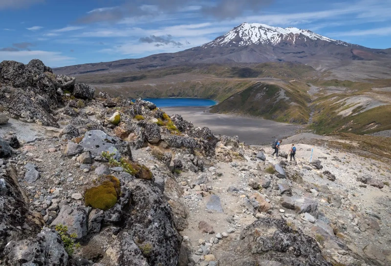 Trampers with Lower Tama Lake and Ruapehu beyond Tongariro, Taupo 