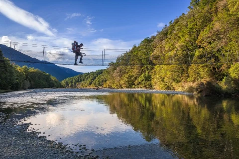 Thumbnail of Darryn Pegram crossing swing-bridge over Travers River, Nelson Lakes NP Nelson | Credit Shaun Barnett