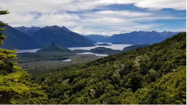 View of Lake Manapouri, with the Monument visible in the lower left, and Rona Island in the distance to the right. Photo credit: DOC/Merissa Strawsine