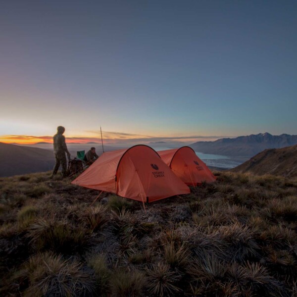 Tent set up at sunset